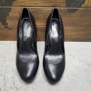 ALDO | Black Leather Pump Heels Stiletto Round Toe